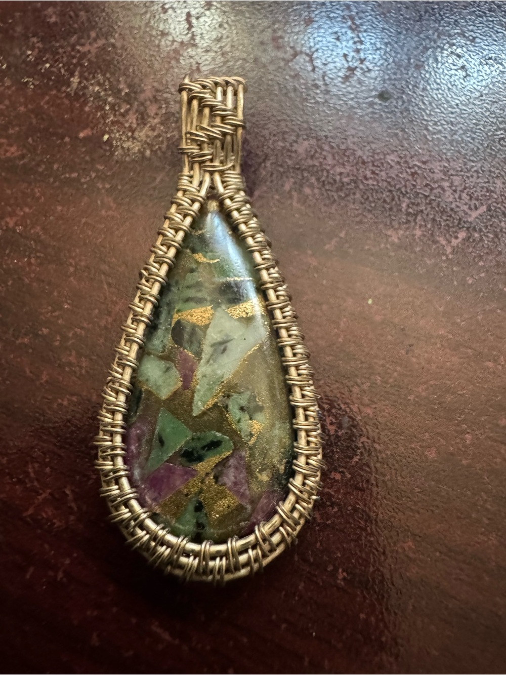 Handcrafted Multicolor Teardrop Stone Pendant in Gold-Tone Wire